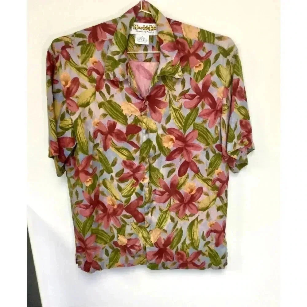 Vintage Honolulu Lulu Mens Small 100% Silk Button Front Shirt Pink‎ Green Floral